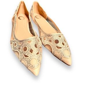 Women's Size 8.5 Pointed-Toe Flat Dress Shoes with Rhinestones: Golden